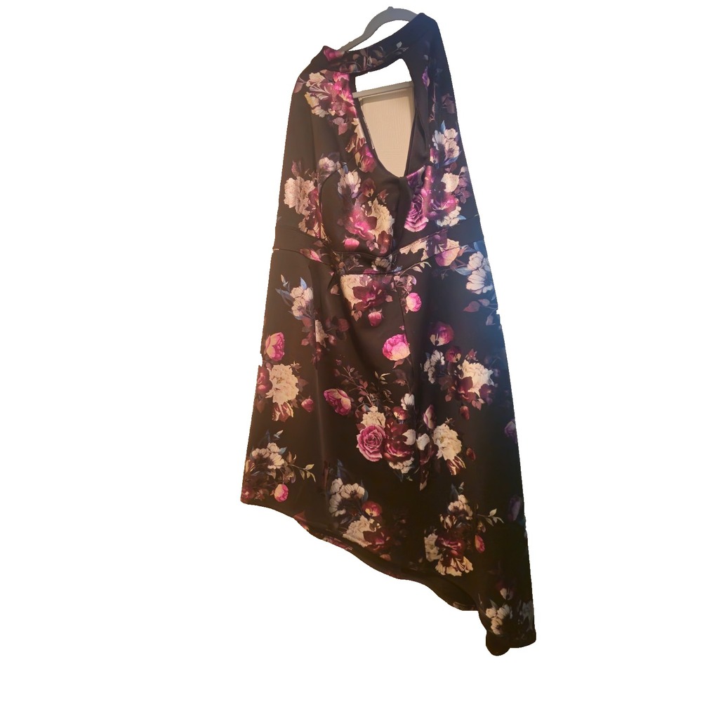 En Focus Studio 16W Dark Romantic Floral Halter High Low Metallic Satin Dress - Picture 4 of 10